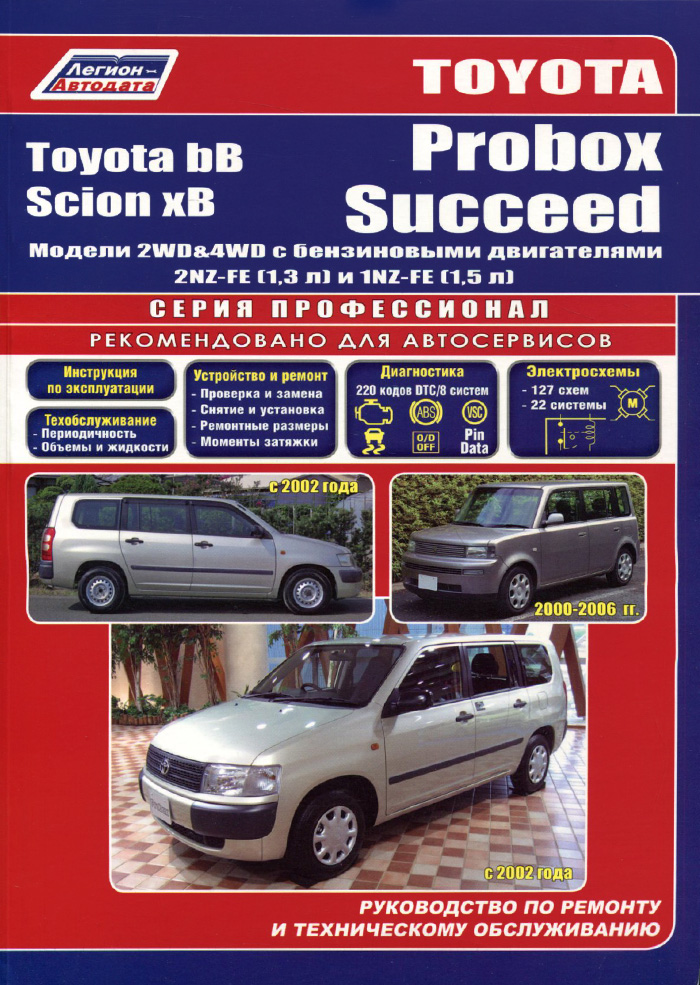 Toyota Probox I Succeed. Toyota bB&Scion xB. Модели 2WD&4WD Probox / Succeed с 2002 года выпуска, bB 2000-2005 гг. выпуска, Scion хВ 2003-2006 гг. выпуска с бензиновыми двигателями 2NZ-FE (1, 3 л) и 1NZ-FE (1, 5 л). Руководство по ремонту и техническому