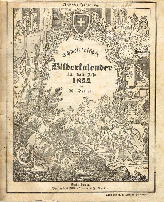 Швейцарский иллюстрированный календарь 1844 годаПК301004_лимонный, салатовый Швейцарский иллюстрированный календарь 1844 годаПК301004_лимонный, салатовыйНа немецком языке. Солотурн, 1844 год. Verlag des Bilderkalenders X. Amiet. Со множеством литографий, ксилографией, календарем. Оригинальная обложка. Сохранность хорошая. На обложке в верхнем правом углу владельческие пометы карандашом. Издание представляет собой иллюстрированный календарь 1844 года, изданный в швейцарском городе Солотурн и включающий множество публикаций, сатирических и политических карикатур, объявлений, статей и стихотворений. Кроме того, в календарь включена обширная статья, посвященная Бургундским войнам 1474-1477 гг. и их последствиям. Автор иллюстраций и составитель швейцарский художник-карикатурист Мартин Дистели (Martin Disteli; 1802 - 1844). Издание не подлежит вывозу за пределы Российской Федерации.