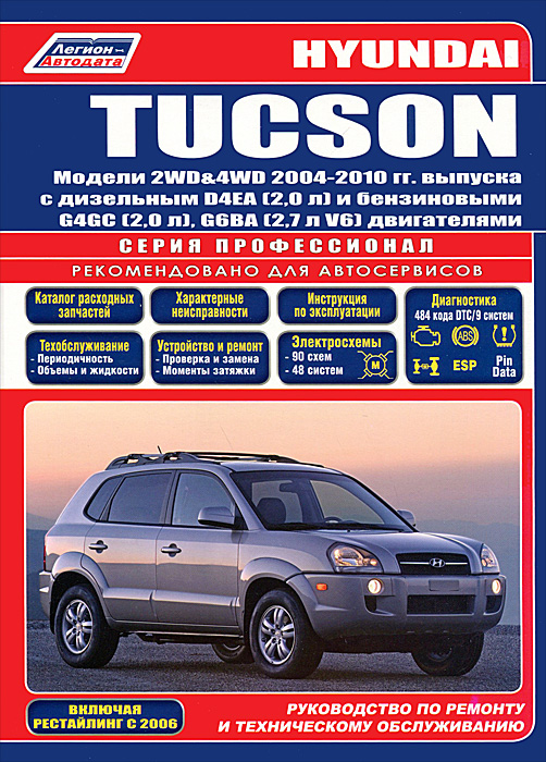 Hyundai Tucson. Модели 2WD, 4WD 2004-2010 гг. выпуска с дизельным D4EA (2, 0 л) и бензиновыми G4GC (2, 0 л), G6BA (2, 7 л V6) двигателями. Руководство по ремонту и техническому обслуживанию