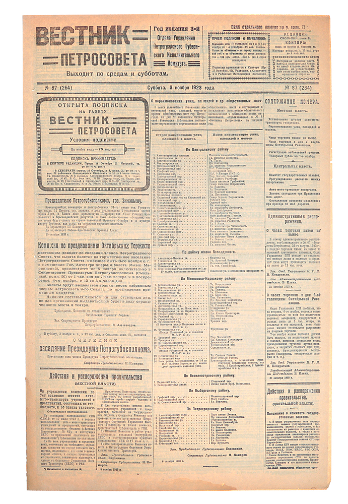Газета "Вестник Петросовета" . 1923, № 87 (264), 3 ноября