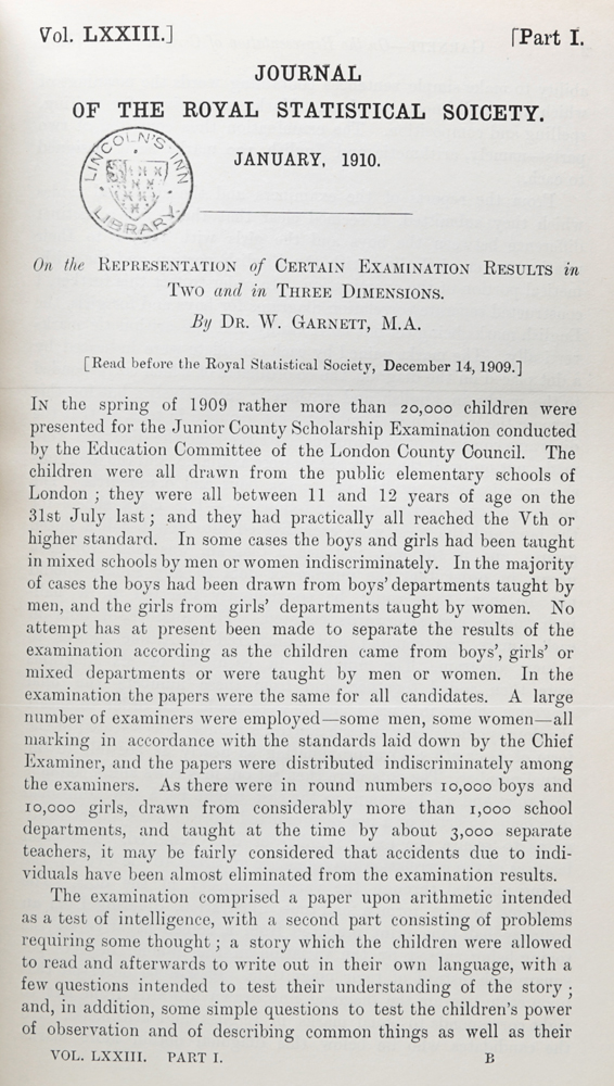 Journal of the Royal Statistical Society. Vol. LXXIII, year 1910