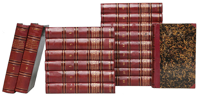 Histoire de la decadence et de la chute de lEmpire Romain (комплект из 18 книг)ПК301004_лимонный, салатовый Histoire de la decadence et de la chute de lEmpire Romain (комплект из 18 книг)ПК301004_лимонный, салатовыйПариж, 1795 год. Издание Maradan Libraire. Владельческие переплеты. Кожаные корешки с золотым тиснением. Сохранность хорошая. Фундаментальный труд знаменитого английского историка Эдварда Гиббона, впервые опубликованный в 1776-1788 годах, по праву считающийся классическим произведением английской литературы века Просвещения, содержит подробный обзор истории Римской империи (со II по V столетие), а затем истории Византии вплоть до ее падения в XV веке. Изложение чисто политической истории сопровождается обширными экскурсами в область античной и средневековой культуры. Выдвинутые Эдвардом Гиббоном идеи (о роковом воздействии христианства на античное общество и государство, о застойном характере византийской государственности) вызвали острую полемику и содействовали развитию научной мысли. Вашему вниманию предлагается труд Э. Гиббона в переводе на французский язык. Не подлежит вывозу за пределы Российской Федерации.