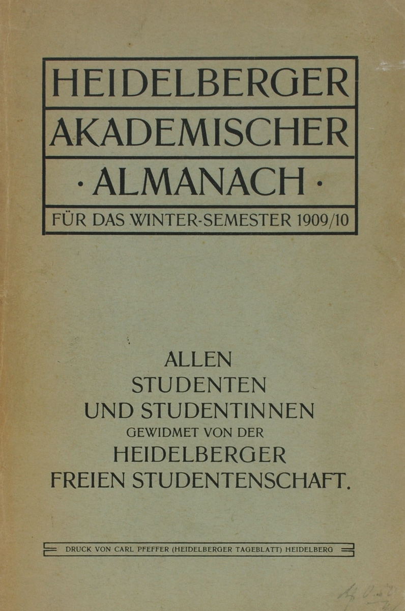 Heidelberger Akademischer Almanach fur das Winter-Semester 1909/10ПК301004_лимонный, салатовый Heidelberger Akademischer Almanach fur das Winter-Semester 1909/10ПК301004_лимонный, салатовыйГейдельберг, 1910 год. Verlag der Herausgeber. Издательский переплет. Сохранность хорошая. Сохранена оригинальная обложка. Временные пятна на страницах, имеются потертости и небольшие разрывы на корешке книги. Гейдельбергский академический альманах 1910 года. Издание не подлежит вывозу за пределы Российской Федерации.