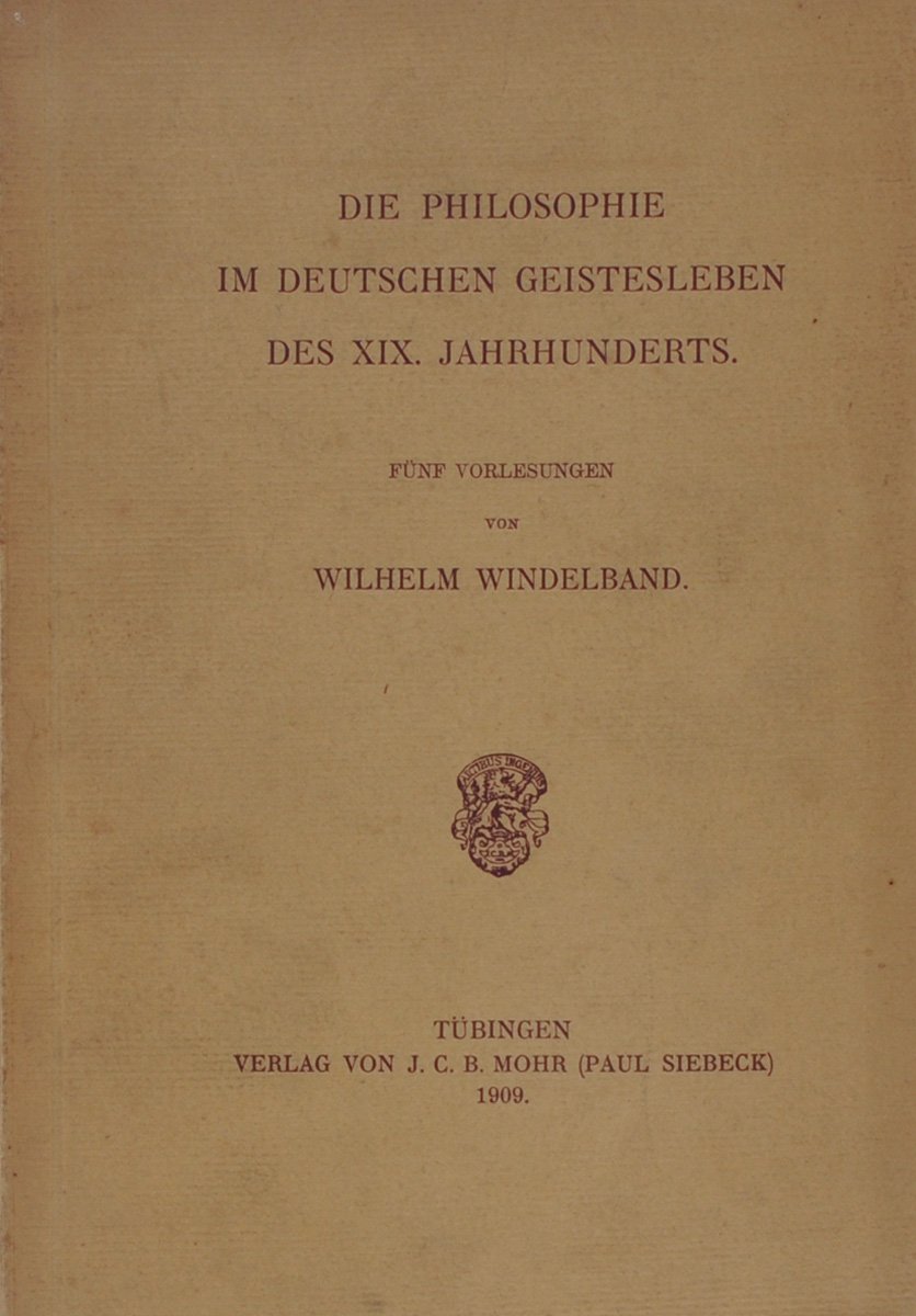Die Philosophie im deutschen Geistesleben des XIX JahrhundertsART-3116310 Die Philosophie im deutschen Geistesleben des XIX JahrhundertsART-3116310Прижизненное издание. Tubingen, 1909 год. Verlag von J.C.B.Mohr (Paul Siebeck). Издательский переплет. Пожелтевшие страницы. Сохранность хорошая. Незначительные потертости страниц. Владельческие пометки. Книга немецкого философа-идеалиста, главы баденской школы неокантианства Вильгельма Виндельбанда Die Philosophie im deutschen Geistesleben des XIX. Jahrhunderts Издание не подлежит вывозу за пределы Российской Федерации.