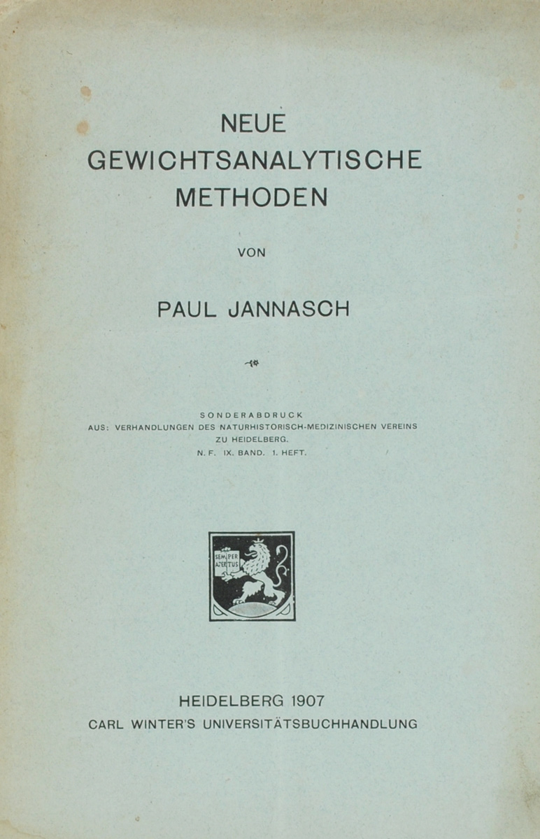 Neue gewichtsanalytische MethodenПК301004_лимонный, салатовый Neue gewichtsanalytische MethodenПК301004_лимонный, салатовыйПрижизненное издание. Heidelberg, 1907 год. Carl Winters Univerfitatsbuchandlung. Издательский переплет. Сохранность хорошая. Пожелтевшие страницы. Пятна на обложке. Die indirekte gewichtsanalytische Bestimmung der Kohlensaure auf trockenem Wege geschah bisher durch Zusammenschmelzen der betreffenden Carbonate mit Boraxglas im Platintiegel. Der hohe Schmelzpunkt dieses Borates, sowie dessen ausgepragter hygroskopischer Charakter liesen mich schon langst nach eiaer hierzu geeigneteren Verbindung suchen. Ich fand sie kurzlich im Natriumwolfrainat. Die zuvorderst angestellten Vorversuche lehrten mich, das gewohnliche kaufliche, in grosen Tafeln kristallisierende Natriumwolframat in einem Platintiegel mit einer einfachen. Издание не подлежит вывозу за пределы Российской Федерации.