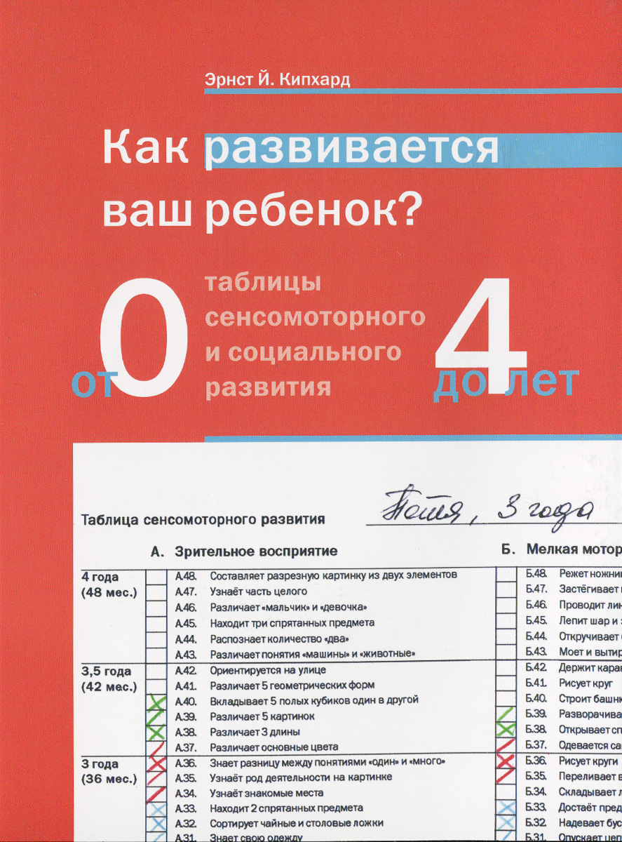 Как развивается ваш ребенок? Таблицы сенсомоторного развития. От рождения до 4-х лет12296407 Как развивается ваш ребенок? Таблицы сенсомоторного развития. От рождения до 4-х лет12296407Книга Как развивается ваш ребенок? - удобное, эффективное практическое пособие, которое помогает с помощью простых средств определять уровень обще¬го развития ребенка с первых месяцев его жизни до четырех лет. Таблицы сенсомоторного и социального развития позволяют увидеть слабые и сильные стороны в развитии зрительного и слухового восприятия, речи и движения ребенка, а также уровень его развития в социальной сфере. Это поможет родителям целенаправленно заниматься с ребенком. Но не только: такие наблюдения дают возможность своевременно выявить скрытые проблемы и нарушения развития и вместе со специалистами составить индивидуальную программу помощи. Для родителей, психологов, врачей и педагогов.