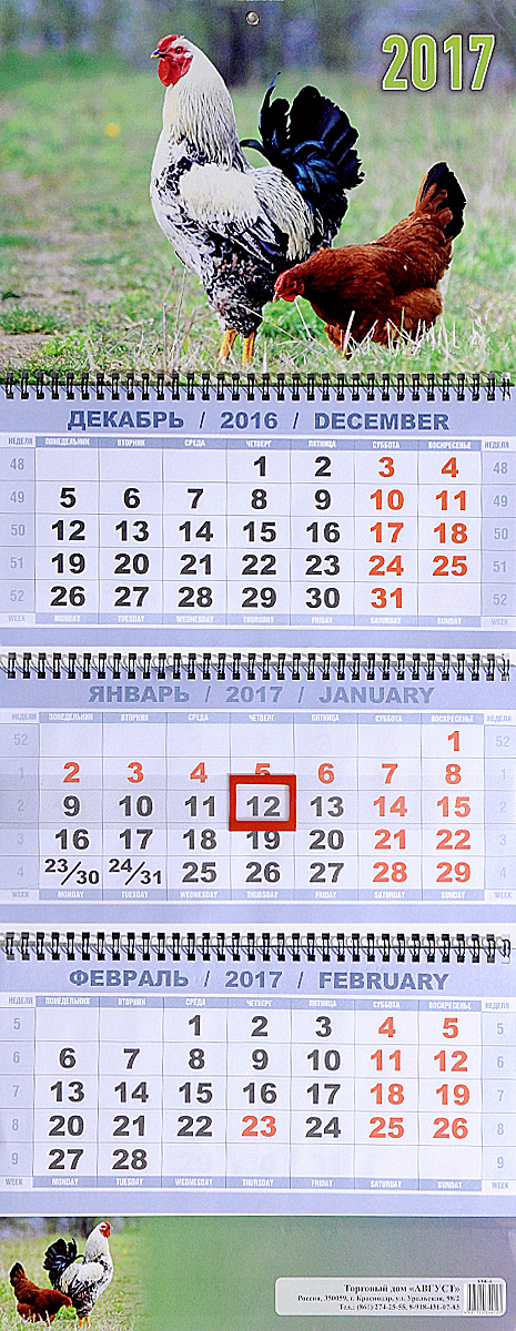 Календарь 2016-2017 (на спирали). Петух с курицей