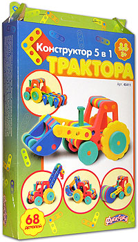 1TOY Конструктор Трактора 5 в 145411 1TOY Конструктор Трактора 5 в 145411Развивающие мозаики и конструкторы серии Флексика изготовлены из мягкого полимерного материала - современного, легкого, прочного, абсолютно безопасного для ребенка. Конструктор 5 в 1 Трактора представляет из себя набор деталей, которые позволяют собрать как минимум пять моделей игрушек. К тому же, комбинируя детали на свой вкус и фантазируя, ребенок может видоизменить и усовершенствовать предложенные варианты или придумать собственные модели. Конструктор способствует развитию и тренировке памяти, пространственного восприятия и фантазии малыша.