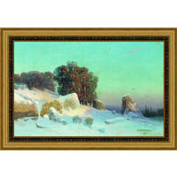 Арт-постер в багете Зимний пейзаж (А. И. Мещерский), 27 x 40 см27x40 OZ113-504011 Арт-постер в багете Зимний пейзаж (А. И. Мещерский), 27 x 40 см27x40 OZ113-504011Художественная репродукция картины А.И.Мещерского Зимний пейзаж. Изображение нанесено на чрезвычайно плотную основу (это не бумага и не картон) и обрамлено в багет. Технология изготовления арт-постеров подразумевает обязательную художественную ламинацию каждого изображения, что придает картине дополнительную ценность, а также защищает поверхность от загрязнения, повреждений (в том числе попыток помять, исцарапать изображение), влаги и ультрафиолетовых лучей. Так, например, наши арт-постеры совершенно спокойно перенесут не одну зиму в дачном или загородном доме. Ламинирование может значительно улучшить качество изображения. Использование пленок дает различную фактуру лицевой поверхности изображения (глянцевую, матовую, холщевую, ситцевую, льняную и другие). Например, при использовании глянцевых пленок изображение проявляется - краски становятся более контрастными и сочными. Технология художественного ламинирования максимально приближает изображение к натуральной...
