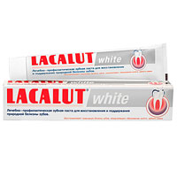 Lacalut Зубная паста White, 75 мл1598006500 Lacalut Зубная паста White, 75 мл1598006500Зубная паста Lacalut White тщательно и бережно удаляет бактериальный налет, являющийся основной причиной окрашивания, и деликатно полирует эмаль зубов. Предназначена для ежедневного применения и особенно рекомендуется для курильщиков, любителей чая и кофе. Lacalut White не содержит химических отбеливающих и агрессивных абразивных компонентов. Специальная рецептура укрепляет и реминерализует твердые ткани зубов, предупреждает образования зубного камня и развитие кариеса. Характеристики: Объем: 75 мл. Производитель: Германия. Товар сертифицирован. Свою историю стоматологическая торговая марка Lacalut ведет с начала 20-х годов XX века. Высочайшее качество и эффективность обеспечили ей признание у специалистов и популярность у потребителей более 50 стран мира, и по праву считается лидером среди лечебно-профилактических средств гигиены полости рта. Сегодня Торговая марка Lacalut включает в себя целую гамму средств - зубные пасты,...