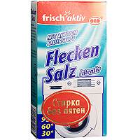 Соль для выведения пятен Frisch-aktiv, 500 г06009 Соль для выведения пятен Frisch-aktiv, 500 г06009Новый двухкомпонентный продукт Frisch-aktiv - усилитель моющей силы на основе активного кислорода со специальными растворителями жира и грязи с цветных и белых тканей. Средство быстро и эффективно удаляет даже застаревшие пятна от травы, шпината, красного вина, чая, кофе, какао и других загрязнителей. Соль для выведения пятен Frisch Aktiv Intensiv не повреждает волокна и цвет тканей. Пятновыводитель экономичен в применении. Безопасен для окружающей среды. Характеристики: Вес: 500 г. Размер упаковки: 9 см х 4 см х 17 см. Производитель: Германия. Артикул: 06009/06010. Товар сертифицирован.