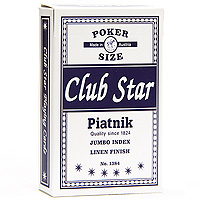 Карты игральные профессиональные Piatnik Club Star, джамбо индекс, 55 карт1384 Карты игральные профессиональные Piatnik Club Star, джамбо индекс, 55 карт1384Карты Club Star с увеличенным индексом предназначены для игры в покер и другие карточные игры. Карты имеют очень гладкую поверхность, покрытие из пластика и стандартный размер.