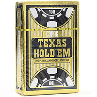 Карты игральные профессиональные Copag Texas Holdem, 54 карты, цвет: золотой, черный104006335 Карты игральные профессиональные Copag Texas Holdem, 54 карты, цвет: золотой, черный104006335Карты Texas Holdem с рубашкой черного цвета и увеличенным индексом подходят для профессиональной игры в покер. Карты имеют очень гладкую поверхность, выполнены из 100% пластика и имеют стандартный размер.