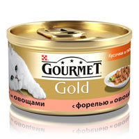 Консервы для кошек Gourmet Gold, с форелью и овощами, 85 г12109500 Консервы для кошек Gourmet Gold, с форелью и овощами, 85 г12109500Корм Gourmet Gold консервированный полнорационный для взрослых кошек, с форелью и овощами. Рекомендации по кормлению: Для взрослой кошки требуется 4 баночки корма Gourmet Gold в день. Кормление необходимо разделить минимум на два приема. Индивидуальные потребности животного могут отличаться, поэтому норма кормления должна быть скорректирована для поддержания оптимального веса вашей кошки. Для беременных и кормящих кошек - кормление без ограничений. Подавать корм комнатной температуры. Следите, чтобы у вашей кошки всегда была чистая, свежая питьевая вода. Условия хранения: Закрытую банку хранить в сухом прохладном месте. После открытия продукт хранить максимум 24 часа. Состав: мясо и субпродукты, злаки, рыба и продукты переработки рыбы (форель 4%), овощи (4%), сахара, минеральные вещества. Добавленные вещества: МЕ/кг: витамин A: 1290; витамин D3: 200. мг/кг: железо: 9; йод:0,2; медь: 0,8;...