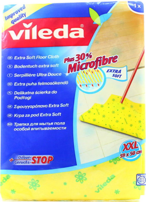Тряпка для мытья пола Vileda Extra Soft3515-9 Тряпка для мытья пола Vileda Extra Soft3515-9Тряпка Vileda Extra Soft предназначена для мытья полов. Тряпка обладает высокой впитывающей способностью и легко выжимается. Отлично собирает грязь и влагу. Не оставляет разводов. Характеристики: Материал: 70 % вискоза, 15% полипропилен, 15% полиэстер. Размер: 59 см х 50 см. Производитель: Германия. Артикул: 3515-9.