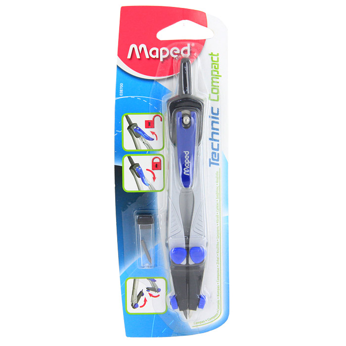 Циркуль Maped Technic Compact038700 Циркуль Maped Technic Compact038700Высокоточный складываемый металлический циркуль. Эксклюзивная стоп-система фиксации штанги циркуля в нужном положении.Эксклюзивная система складывания для безопасности и компактного хранения. В блистере поставляется: циркуль и пенал с запасными грифелями. Характеристики: Материал: пластик, металл. Длина: 15 см. Толщина грифеля: 2 мм. Размер футляра: 19 см х 6,5 см х 2 см. Изготовитель: Китай.