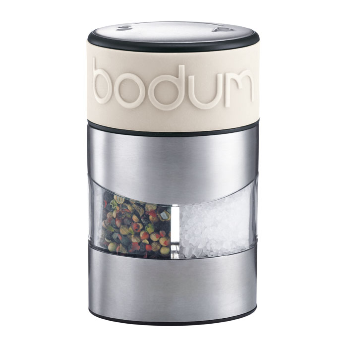 Мельница для соли и перца Bodum Twin, цвет: белый 11002-91311002-913 Мельница для соли и перца Bodum Twin, цвет: белый 11002-91311002-913Мельница для соли и перца Bodum Twin позволяет солить и перчить одновременно - это превосходное партнерство. Мельница выполнена из прозрачного стекла и нержавеющей стали. В верхней части мельницы имеется силиконовая вставка. Мельница легка в использовании: одним поворотом силиконовой части мельницы приспособление переключается с солонки на перечницу, и вы сможете поперчить или добавить соль по своему вкусу в любое блюдо. Прочный керамический механизм позволяет молоть практически без усилий. Благодаря прозрачной конструкции легко определить, когда соль или перец заканчиваются. Оригинальная мельница модного дизайна будет отлично смотреться на вашей кухне. Мельниц уже содержит внутри соль и перец. Характеристики: Материал: стекло, нержавеющая сталь, пластик, силикон, керамика. Размер мельницы: 6,5 см х 11 см х 6,5 см. Размер упаковки: 8 см х 12,5 см х 8 см. Изготовитель: Швейцария. Артикул: 11002-913.