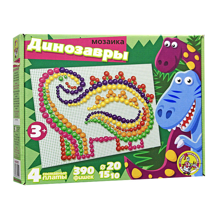 Мозаика Динозавры, 390 шт02011 Мозаика Динозавры, 390 шт02011Мозаика - увлекательная развивающая игра для ваших детей. Она разовьет у ребенка творческие способности, воображение, координацию движений, мелкую моторику рук и ориентировку на плоскости. Рисунки, представленные на упаковке, являются только примером, так как эта универсальная мозаика раскрывает перед ребенком неограниченные возможности моделирования и создания множества своих собственных рисунков.