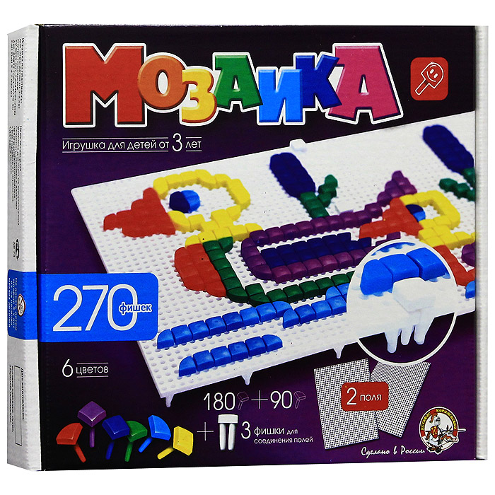 Мозаика, 270 фишек00977 Мозаика, 270 фишек00977Мозаика - увлекательная развивающая игра для ваших детей. Она разовьет у ребенка творческие способности, воображение, координацию движений, мелкую моторику рук и ориентировку на плоскости. Рисунки, представленные на упаковке, являются только примером, так как эта универсальная мозаика раскрывает перед ребенком неограниченные возможности моделирования и создания множества своих собственных рисунков.