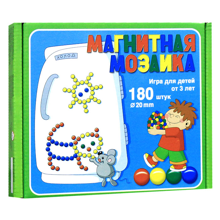 Магнитная мозаика, 180 элементов00944 Магнитная мозаика, 180 элементов00944Магнитная мозаика - это одновременно увлекательная и развивающая игра для детей 3-х лет и старше. Набор крупных пластмассовых деталей разнообразных геометрических форм и цветов побуждает ребенка к творчеству и созданию множества сюжетных картинок. Игра в мозаику доставит большое удовольствие Вашему малышу, познакомит его с геометрическими фигурами, поможет развить мелкую моторику рук, усидчивость, художественное воображение и творческие навыки. Рисунки, представленные на упаковке, являются только примером, так как эта мозаика раскрывает перед ребенком неограниченные возможности моделирования и фантазии в создании своих рисунков. В комплект игры магнитная доска не входит.