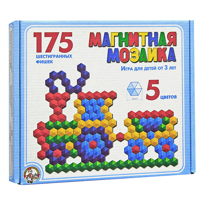 Мозаика магнитная, 175 шт00959 Мозаика магнитная, 175 шт00959Магнитная мозаика - это одновременно увлекательная и развивающая игра для детей 3-х лет и старше. Набор пластмассовых деталей разных цветов в форме шестиугольников побуждает ребенка к творчеству и созданию множества сюжетных картинок. Игра в мозаику доставит большое удовольствие вашему малышу, поможет развить мелкую моторику рук, усидчивость, художественное воображение и творческие навыки. Рисунки, представленные на упаковке, являются только примером, так как эта мозаика раскрывает перед ребенком неограниченные возможности моделирования и фантазии в создании своих рисунков. В комплект игры магнитное поле не входит.