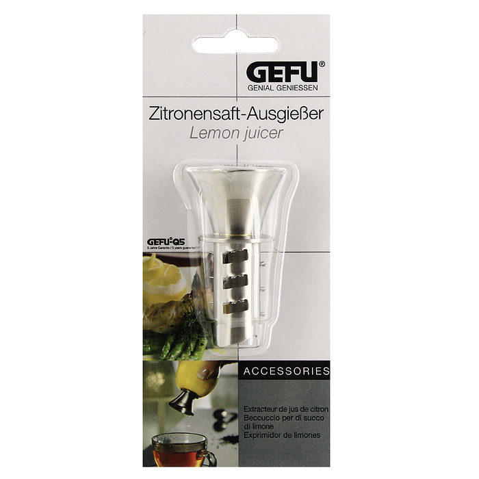 Соковыжималка для лимона Gefu12485 Соковыжималка для лимона Gefu12485Соковыжималка Gefu выполнена из нержавеющей стали. Достаточно ввернуть соковыжималку в лимон, сжать его и полить лимонным соком любимое блюдо. Также подходит для лайма, грейпфрута и апельсина. Можно мыть в посудомоечной машине. Характеристики: Материал: нержавеющая сталь. Длина соковыжималки: 7,5 см. Диаметр вворачиваемой части: 2 см. Наибольший диаметр соковыжималки: 4 см. Производитель: Германия. Артикул: 12485.