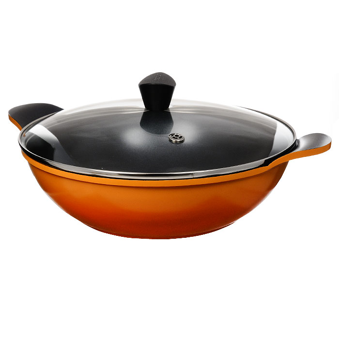 Жаровня-вок Frybest Orange c крышкой, 3,5л, цвет:оранжевый, темное внутреннее покрытие. ORCA-W28TORCA-W28T Жаровня-вок Frybest Orange c крышкой, 3,5л, цвет:оранжевый, темное внутреннее покрытие. ORCA-W28TORCA-W28TЖаровня-вок Frybest выполнена из алюминия с керамическим покрытием. К жаровне прилагается крышка, выполненная из стекла, с отверстием для выпуска пара. Сковорода подходит для электрической, стеклокерамической, газовой и галогеновой плиты. Мощная основа из литого алюминия Специальное утолщенное дно для идеальной теплопроводности Эргономичная, удлиненная soft-touch ручка всегда остается холодной Керамическое антипригарное покрытие позволяет готовить практически без масла Керамика как внутри, так и снаружи. Легко готовить — легко мыть Непревзойденная прочность и устойчивость к царапинам. Можно использовать металлические аксессуары Последнее корейское НОУ-ХАУ — слой анионов (отрицательно заряженных ионов), обладающих антибактериальными свойствами. Они намного дольше сохраняют приготовленную пищу свежей Состоит из натуральных материалов, не выделяет вредных химических веществ в процессе готовки. Характеристики: ...