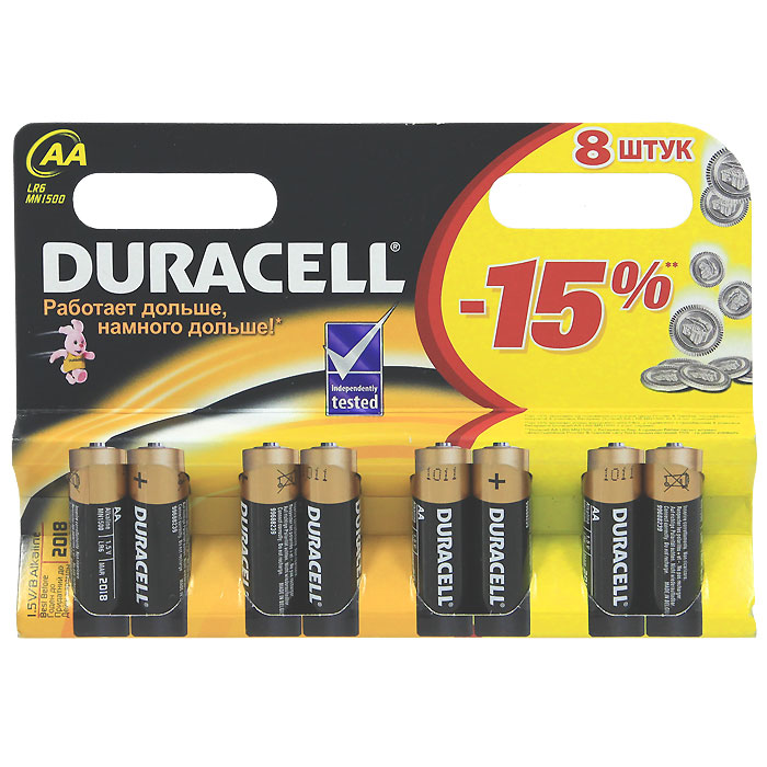 Набор батареек Duracell, тип AA, 8 штDRC-81480361 Набор батареек Duracell, тип AA, 8 штDRC-81480361Набор батареек Duracell предназначен для использования в различных электронных устройствах. Характеристики: Тип элемента питания: AA (LR6). Тип электролита: щелочной. Выходное напряжение: 1,5 В. Комплектация: 8 шт. Изготовитель: Бельгия.