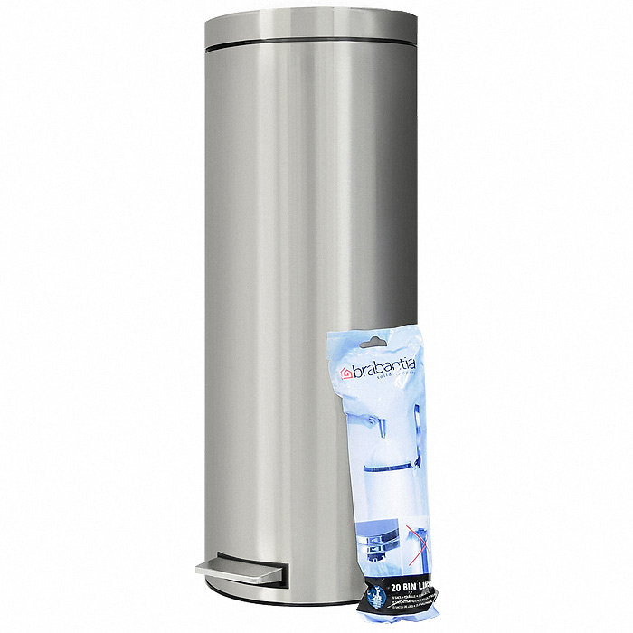 Мусорный бак Brabantia с педалью, 20 л369605 Мусорный бак Brabantia с педалью, 20 л369605Мусорный бак Brabantia выполнен из антикоррозийной матовой стали с защитой от отпечатков пальцев. Особенности мусорного бака Brabantia: механизм двойной петли из стали (при открывании вручную крышка фиксируется в открытом положении); пластиковый защитный ободок (не царапает пол); нескользящая основа; внутренняя корзина из пластика со специальными вентиляционными отверстиями для предотвращения образования вакуума при извлечении полного пакета; ручка для переноса; прочная ручка на пластиковой корзине; крышка закрывается бесшумно, плотно прилегает, предотвращая распространение запаха; фирменные мусорные мешки в комплекте. Характеристики: Материал: металл, пластик. Объем: 20 л. Высота бака (с учетом крышки): 65 см. Общий диаметр бака: 24,5 см. Размер упаковки: 67 см х 29 см х 29 см. Производитель: Бельгия. Артикул: 369605. Гарантия производителя: 5 лет.