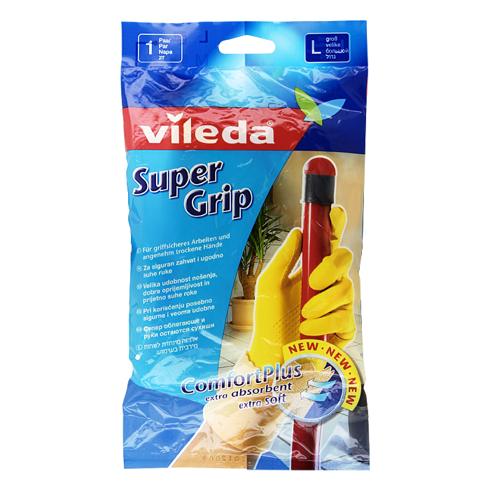 Перчатки универсальные Vileda Super Grip. Размер L3624-8 Перчатки универсальные Vileda Super Grip. Размер L3624-8Универсальные перчатки Vileda Super Grip изготовлены из натурального латекса, с внутренним покрытием Комфорт плюс, микроскопические поры которого прекрасно впитывают влагу, поэтому руки остаются приятно сухими в течении всего периода уборки. Специальный рифленый профиль перчаток обеспечивает антискользящий эффект. Прочные, долго служат.