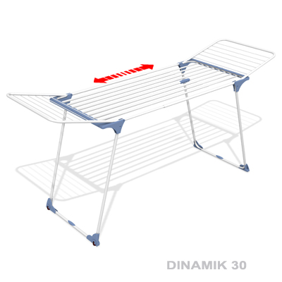 Сушилка для белья Gimi Dinamik 30, напольная, цвет: белый, синий, 258 х 57 х 102 см10140032_синий Сушилка для белья Gimi Dinamik 30, напольная, цвет: белый, синий, 258 х 57 х 102 см10140032_синийНапольная сушилка для белья Gimi Dinamik 30, изготовленная из стали, проста и удобна в использовании. Идеально подходит для любых помещений. Сушилка оснащена стальными рейками, общая длина которых составляет 27 метров. Также сушилка имеет распашные створки для более удобной сушки белья. С помощью телескопических направляющих может раздвигаться, что позволяет свободно развесить как большие простыни, так и белье небольшого размера. Защитные уголки на ножках и цветные пластиковые заглушки на колесиках предотвратят появление царапин на полу. Сушилка для белья легко складывается и в таком состоянии занимает мало места, потому вам легко будет убрать ее в любое удобное для вас место. Размер сушилки в разложенном виде: 198-258 х 57 х 102 см. Размер сушилки в сложенном виде: 116 х 57 х 10,5. Общая длина реек: 27 м.
