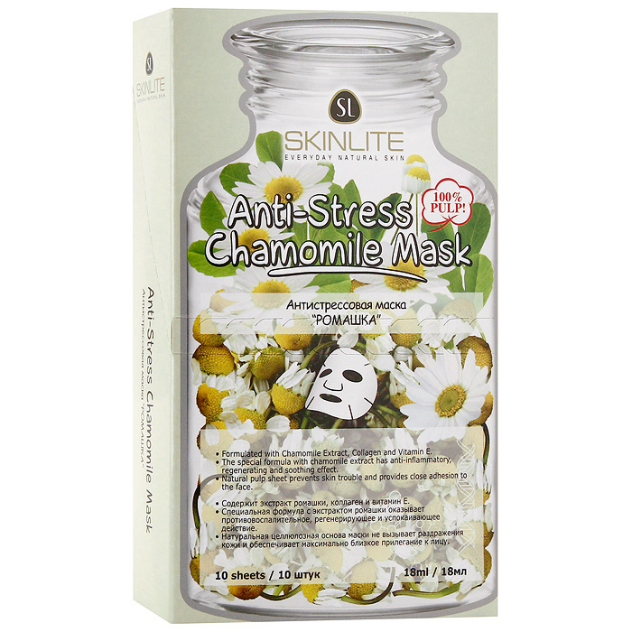 Маска Skinlite Ромашка, антистрессовая, 10 штSL-248 Маска Skinlite Ромашка, антистрессовая, 10 штSL-248Антистрессовая маска Skinlite Ромашка содержит специальную формулу с лечебной ромашкой, коллагеном и витамином Е, оказывает успокаивающее, увлажняющее действие. Смягчает кожу, стимулирует процесс восстановления клеток. Эффективно восстанавливает обменные процессы в коже, подтягивая и разглаживая ее. Активные вещества экстракта ромашки обладают противовоспалительным, противоаллергическим, регенерирующим, антибактериальным и заживляющим действием, снимают раздражение, повышает иммунитет кожи. При регулярном применении маски кожа выглядит ухоженной, гладкой, здоровой! Способ применения : полностью очистите лицо, аккуратно приложите маску к лицу, убедившись, что она плотно прилегает к коже. Оставьте на 15-20 минут. Снимите, медленно потянув за края.