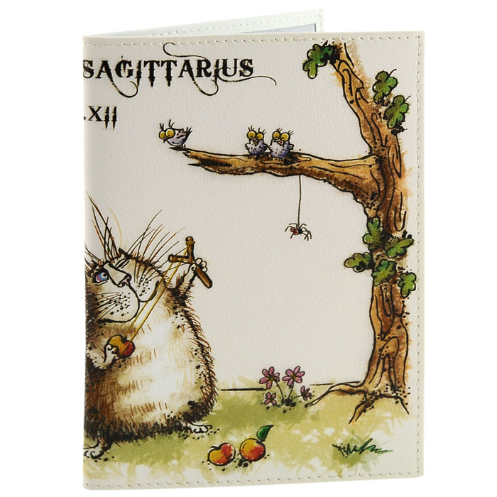 Обложка для паспорта Perfecto Sagittarius. PS-ZDCT-09PS-ZDCT-09 Обложка для паспорта Perfecto Sagittarius. PS-ZDCT-09PS-ZDCT-09Обложка для паспорта Стрелец, выполненная из натуральной кожи, оформлена оригинальным изображением забавного кота, символизирующего знак зодиака - стрелец. Такая обложка не только поможет сохранить внешний вид ваших документов и защитит их от повреждений, но и станет стильным аксессуаром, идеально подходящим вашему образу. Обложка для паспорта стильного дизайна может быть достойным и оригинальным подарком. Характеристики: Материал: натуральная кожа, пластик. Размер (в сложенном виде): 9,5 см x 13,5 см. Производитель: Россия. Артикул: PS-ZDCT-09.