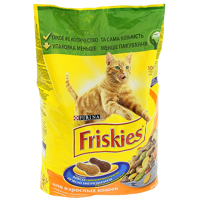 Корм сухой для кошек Friskies, с курицей и овощами, 10 кг2491 Корм сухой для кошек Friskies, с курицей и овощами, 10 кг2491Хрустящие крокеты Friskies приготовлены из тщательно отобранных ингредиентов для того, чтобы ваша кошка получала с едой только лучшее. Корм Friskies содержит белок высокого качества, витамины, минеральные вещества, а также другие вкусные и полезные ингредиенты. Корм является полнорационным сбалансированным питанием на каждый день, который дает вашей кошке все необходимое для здоровой и полной энергии жизни. Особенности сухого корма Friskies: белок высокого качества для поддержания естественной защиты организма, тонуса мускулатуры, а также сердца. Для хорошей усвояемости: сбалансированное сочетание необходимых минеральных веществ для крепких костей и зубов, а также для поддержания здоровой мочевыделительной системы; витамины для поддержания здоровья кошки; содержит качественные ингредиенты для великолепного вкуса. Состав: злаки (20%), мясо и субпродукты (4% курицы в коричневых и светло-коричневых крокетах), продукты переработки...