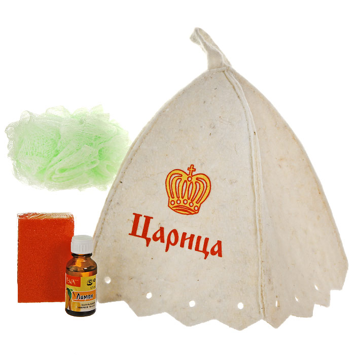 Набор для бани и сауны Царица: шапка, мочалка, эфирное масло, пемзаБ32306 Набор для бани и сауны Царица: шапка, мочалка, эфирное масло, пемзаБ32306Набор для бани и сауны Царица состоит из необходимых аксессуаров, для того чтобы банный поход принес вам только радость. В набор входят: Шапка, выполненная из войлока, необходима для того, чтобы не перегреть голову, также она должна хорошо впитывать влагу. Шапка декорирована изображением царской короны и надписью Царица; Мочалка, выполненная из нейлона - отлично пенится и оказывает эффект массажа; Искусственная пемза - прекрасно удаляет огрубевшую, сухую кожу ступней и локтей, оставляя их мягкими и гладкими; Эфирное масло Лимон - тонизирует, оказывает антибактериальное, антисептическое действие, смягчает огрубевшие участки кожи, способствует заживлению трещин. Характеристики: Материал шапки: шерсть/пэф, Материала мочалки: ПЭ. Материал пемзы: пенополиуретан. Максимальный обхват головы (по основанию шапки): 72 см. Высота шапки: 24 см. Диаметр мочалки: 12 см. Размер пемзы: 8 см х 2,5 см х 5 см. ...
