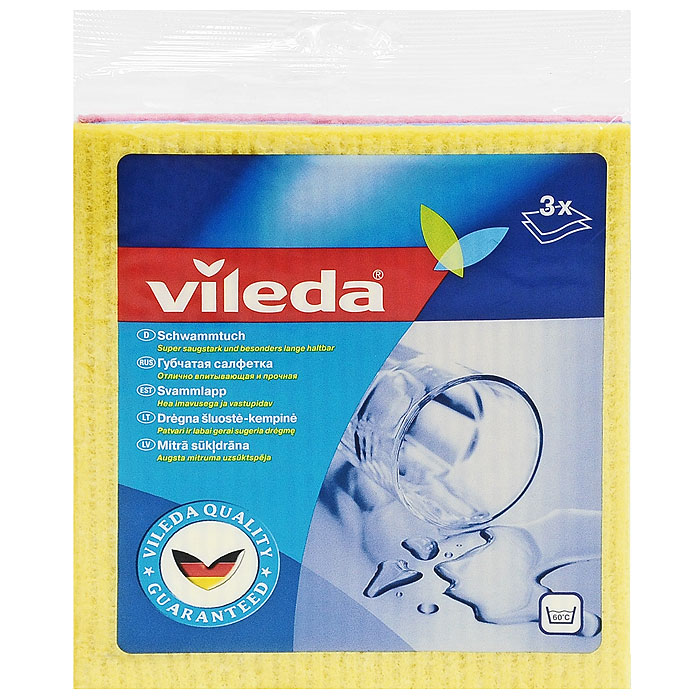 Набор салфеток Vileda, губчатых , 3 шт106980/124989 Набор салфеток Vileda, губчатых , 3 шт106980/124989Набор губчатых салфеток Vileda предназначен для уборки любых видов поверхности. Салфетки сделаны из натуральных материалов - целлюлозы и хлопка, которые гарантируют отличное впитывание. Впитывают в 10 раз больше своего веса. Можно стирать при температуре до 60°C (ручная стирка). Характеристики: Материал: 70% целлюлоза, 30% хлопок. Размер салфетки: 18 см х 20 см. Комплектация: 3 шт. Изготовитель: Швеция. Артикул: 4012581.