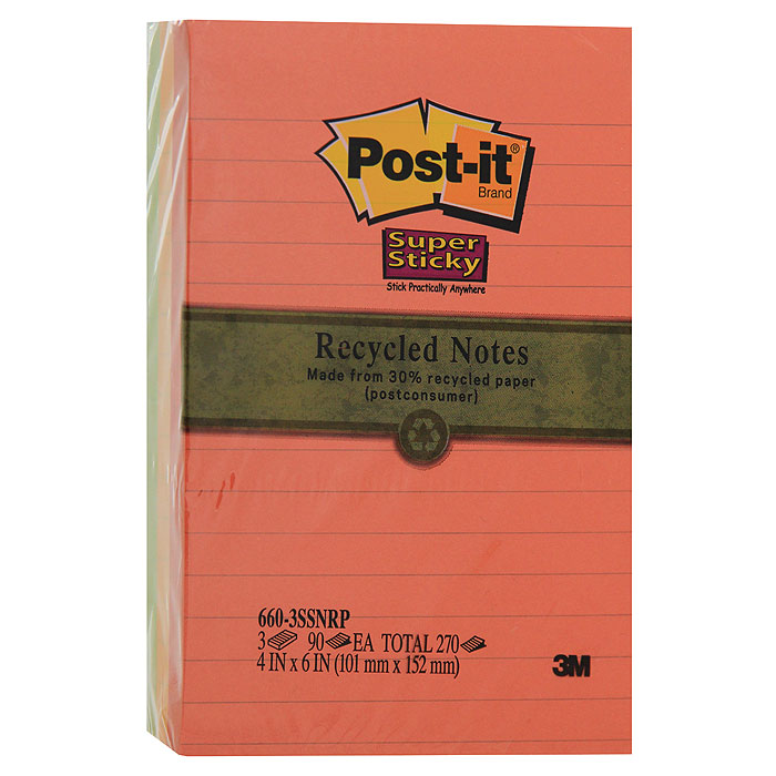 Набор бумаги для заметок Post-it с липким слоем, 3 блока660-3SSNRP Набор бумаги для заметок Post-it с липким слоем, 3 блока660-3SSNRPНабор бумаги для заметок Post-it - эффективный офисный инструмент, позволяющий рационально организовать работу, используя разнообразные цвета для обозначения дел разной важности. Клеевой слой не высыхает и выдерживает многократное приклеивание к большинству поверхностей. Не нужно беспокоиться, что бумага быстро закончится - в наборе 3 блока по 90 листов. Листы выполнены из бумаги в линейку 3 цветов: красный, оранжевый, зеленый. Характеристики: Размер листа: 10,1 см х 15,2 см. Количество: 90 листов в блоке. Размер упаковки: 15,2 см х 10,1 см х 3 см. Изготовитель: США.
