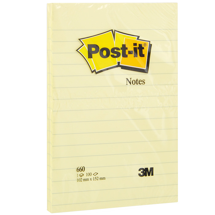 Бумага для заметок Post-it, с липким слоем, цвет: желтый, 100 листов660 Бумага для заметок Post-it, с липким слоем, цвет: желтый, 100 листов660Бумагу для заметок в линейку Post-it удобно использовать для записи номеров телефонов, адресов, напоминания о важной встрече или внезапно пришедшей полезной мысли. Бумагу можно наклеивать на любую гладкую поверхность, без опасения оставить след от клея. Блок содержит 100 листов из линованной бумаги желтого цвета. Характеристики: Размер листа: 10,2 см х 15,2 см. Количество: 100 листов.