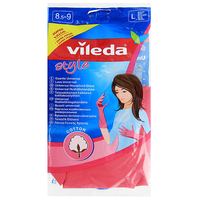 Перчатки Vileda Style. Размер L32110679 Перчатки Vileda Style. Размер L32110679Хозяйственные перчатки Vileda Style изготовлены из 100% натурального латекса с внутренним хлопковым напылением, благодаря чему они обеспечивают максимальный комфорт рукам во время уборки. Перчатки прекрасно подойдут для выполнения всех видов домашних работ. Они прочные и долговечные.