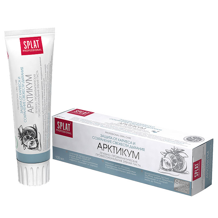 Зубная паста Splat Professional Arcticum/Артикум, 100 млАК-129 Зубная паста Splat Professional Arcticum/Артикум, 100 млАК-129Высокотехнологичная сильно освежающая и эффективно отбеливающая зубная паста. Содержит комплекс натуральных активных компонентов в сочетании с высокоэффективным компонентом для эмали - гидроксиапатитом, благодаря чему одновременно отбеливает и укрепляет эмаль. Паста обеспечивает длительную свежесть дыхания благодаря ионам цинка и компоненту Biosol, а экстракты ратании и стевии заботятся о здоровье десен. Глюконат цинка обладает вяжущим действием и надолго сохраняет свежесть дыхания. Экстракт корня ратании обеспечивает эффективную борьбу с бактериями в течение всего дня. Сочетание натурального фермента папаина с высокоэффективным антисептиком Biosol позволяет надежно защищать от образования налета на зубах. Комплекс ионов кальция и фосфатов - основных компонентов эмали, укрепляет зубы. Органический аминофторид Olaflur защищает от кариеса. Эфирное масло цветов дикого апельсина заряжает энергией и создает отличное настроение. Содержит фтор (1000 ppm). ...