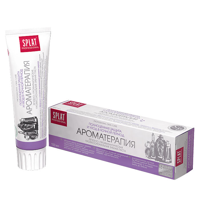 Зубная паста Splat Professional Aromatherapy/Ароматерапия, 100 млАР-118 Зубная паста Splat Professional Aromatherapy/Ароматерапия, 100 млАР-118Уникальная гелевая зубная паста с эфирными маслами амазонского розового дерева, лавандина и бергамота обладает усиленным антибактериальным действием и способствует сохранению свежести утреннего дыхания. Паста максимально подходит для применения перед сном. Комплекс натуральных ферментов из ананаса и папайи препятствует образованию налета в течение ночи и способствует сохранению чистоты эмали. Компонент Polydon обеспечивает полирующий эффект, что препятствует фиксации бактерий на поверхности эмали. Сочетание эфирных масел, входящих в ее состав, обеспечивает релаксирующий и антистрессовый эффект и надолго защищает от бактерий. Экстракт фиалки заботится о здоровье десен. Биоактивный Кальцис укрепляет эмаль, снижая чувствительность зубов. Без фтора. Активные компоненты: Кальцис, Polydon, ксилит, экстракт черной икры, папаин, бромелайн, эфирное масло розового дерева, экстракт фиалки, эфирное масло лавандина, эфирное масло бергамота. ...