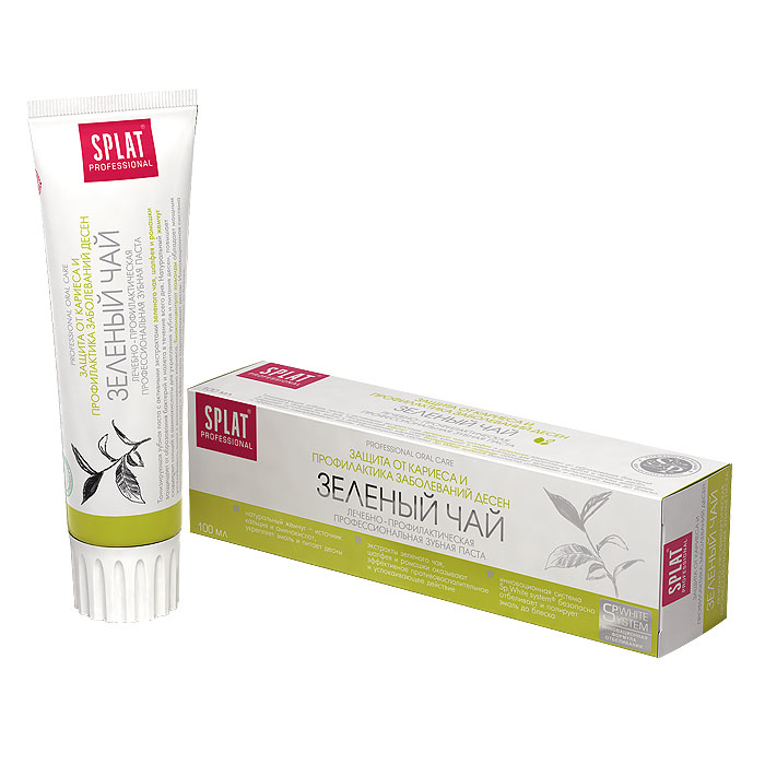 Зубная паста Splat Professional Green Tea/Зеленый чай, 100 млЗ-117 Зубная паста Splat Professional Green Tea/Зеленый чай, 100 млЗ-117Зубная паста с активными экстрактами зеленого чая, шалфея и ромашки предназначена для защиты от образования бактерий и налета в течение всего дня. Лечебно-профилактическая зубная паста с натуральными растительными экстрактами предназначена для бережного отбеливания и защиты от кариеса. Сочетание экстрактов шалфея, ромашки и зеленого чая оказывает успокаивающее и противовоспалительное действие на десны. Натуральный жемчуг содержит кальций и аминокислоты для укрепления зубов и питания десен, повышает устойчивость эмали к возникновению кариеса. Биоконцентрат лаванды обладает мощным антисептическим действием и эффективно оздоравливает десны. Инновационная система Sp.White system безопасно отбеливает и полирует эмаль до блеска. Без фтора. Активные компоненты: Гидроксиапатит, Polydon, экстракт ратании, Biosol, лактит, папаин, ионы цинка, монофторфосфат натрия, аминофторид, эфирное масло нероли, экстракт стевии. Клинически...