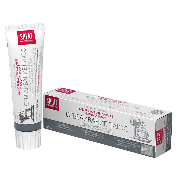 Зубная паста Splat Professional White Plus/Отбеливание плюс, 100 млО-120 Зубная паста Splat Professional White Plus/Отбеливание плюс, 100 млО-120Эффективная комплексная зубная паста содержит инновационную систему для безопасного отбеливания Sp.White system, благодаря которой зубы становятся светлее на 1,5 тона за 4 недели использования. Ионы калия заботятся о зубах в случае их повышенной чувствительности. Идеально подходит любителям кофе, чая и тем, кто курит. Не повышает чувствительность зубов. Округлые полирующие частицы в сочетании с компонентом Polydon и натуральными ферментами из папайи заметно осветляют эмаль, расщепляют налет в труднодоступных местах и делают поверхность зубов идеально гладкой, что способствует сохранению белизны надолго. Ионы калия снижают повышенную чувствительность зубов. Натуральные антибактериальные компоненты препятствуют образованию налета и заботятся о свежести дыхания. Фторид-ионы эффективно защищают от кариеса. Содержит фтор (1000 ppm). Активные компоненты: Polydon, папаин, соли калия, монофторфосфат натрия. Клинически доказано: ...