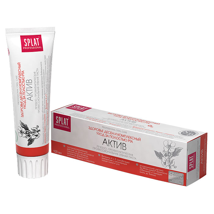 Зубная паста Splat Professional Active/Актив, 100 млА-113 Зубная паста Splat Professional Active/Актив, 100 млА-113Уникальная по эффективности черная зубная паста с активными экстрактами байкальского шлемника, бадана и спирулины обладает мощным кровоостанавливающим и противовоспалительным действием. Витамины А и Е благодаря антиоксидантным свойствам способствуют заживлению мягких тканей полости рта. Глицерофосфат кальция - один из наиболее эффективных источников ионов кальция - способствует укреплению эмали, активирует процессы реминерализации. Фторид-ионы оказывают воздействие на бактерии, вызывающие кариес. Паста с высокодейственными экстрактами лекарственных растений предназначена для профилактики пародонтита. Ионы кальция способствуют восстановлению и укреплению эмали. Монофторфосфат натрия надежно защищает от кариеса. Инновационная система Sp.White system бережно очищает и полирует эмаль до блеска. Паста не содержит красителей. Темный цвет пасты обусловлен естественным цветом натуральных экстрактов растений. Содержит фтор (1000 ppm). ...
