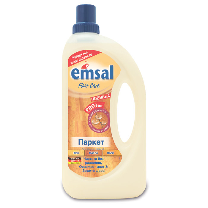 Средство для ухода за паркетом Emsal, 1 л706387 Средство для ухода за паркетом Emsal, 1 л706387Сияющая чистота для всех видов паркетных полов с защитным покрытием и без защитного покрытия. Благодаря инновационной формуле пропитки PROtec освежает цвет и защищает чувствительные к воде деревянные швы от вздутия. При использовании в чистом виде устраняет поверхностные царапины и потертости.