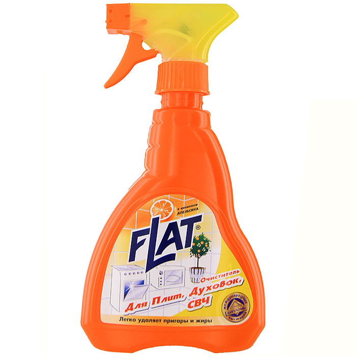 Очиститель Flat для плит, духовок, СВЧ, с ароматом апельсина, 480 г4600296001789 Очиститель Flat для плит, духовок, СВЧ, с ароматом апельсина, 480 г4600296001789Очиститель Flat - высокоэффективное средство для удаления нагаров и подгоревших жиров с газовых и электрических плит, духовок, противней, микроволновых печей, а также сковород и кастрюль. Средство не содержит абразивных веществ, не царапает очищаемую поверхность. Оно легко растворяет жировые наслоения, не требуя механических усилий. Эргономичный флакон оснащен высоконадежным курковым распылителем, позволяющим легко и экономично наносить раствор на загрязненную поверхность. Характеристики: Вес: 480 г. Производитель: Россия. Товар сертифицирован.