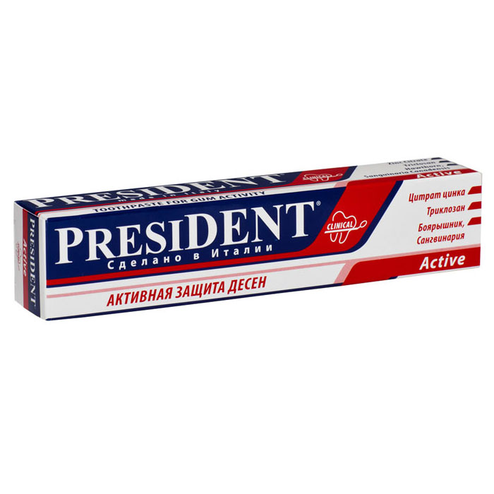 Зубная паста President Active, 75 мл4310-500739 Зубная паста President Active, 75 мл4310-500739Зубная паста President Active содержит уникальную комбинацию триклозана и цитрата цинка с экстрактами боярышника и сангвинарии. Защищает от бактерий. Обладает сильным вяжущим, противовоспалительным и антиплаковым действиями. Снимает кровоточивость, укрепляет мягкие ткани полости рта. Чистящий компонент - Syloblanc - обеспечивает контролируемую абразивность с показателем RDA 75, гарантирует эффективное, мягкое и безопасное удаление зубного налета и длительную активность ионов фтора.