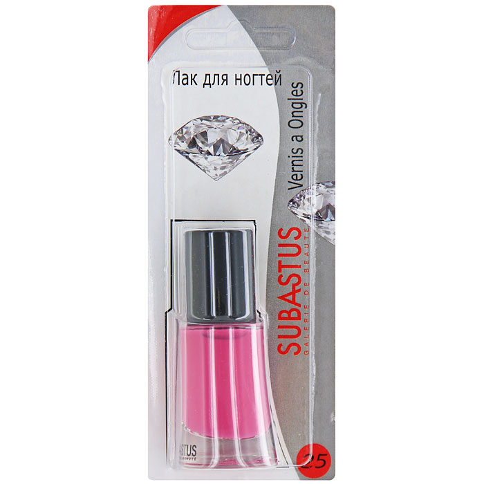 Лак для ногтей Subastus Vernis a Ongles, №25, 10 мл801025 Лак для ногтей Subastus Vernis a Ongles, №25, 10 мл801025Лак для ногтей Subastus Vernis a Ongles с ультрастойкой формулой и глянцевым блеском. Профессиональная кисточка равномерно и быстро покрывает поверхность ногтя, обеспечивая мастерски-безупречный маникюр. Элегантный флакон изумительной формы создает иллюзию хрустального дна. Колпачок с матовым покрытием не скользит в руке, обеспечивая точное и аккуратное нанесение лака.