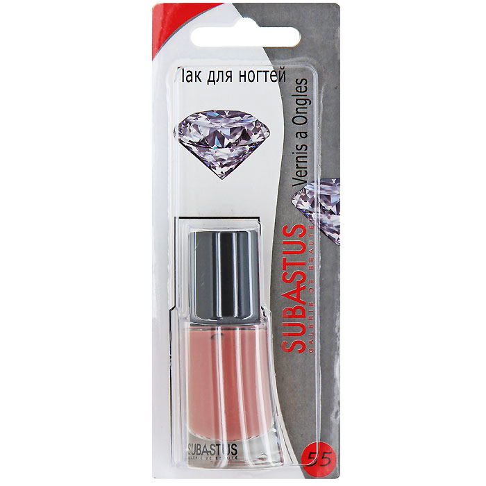 Лак для ногтей Subastus Vernis a Ongles, №55, 10 мл801055 Лак для ногтей Subastus Vernis a Ongles, №55, 10 мл801055Лак для ногтей Subastus Vernis a Ongles с ультрастойкой формулой и глянцевым блеском. Профессиональная кисточка равномерно и быстро покрывает поверхность ногтя, обеспечивая мастерски-безупречный маникюр. Элегантный флакон изумительной формы создает иллюзию хрустального дна. Колпачок с матовым покрытием не скользит в руке, обеспечивая точное и аккуратное нанесение лака.