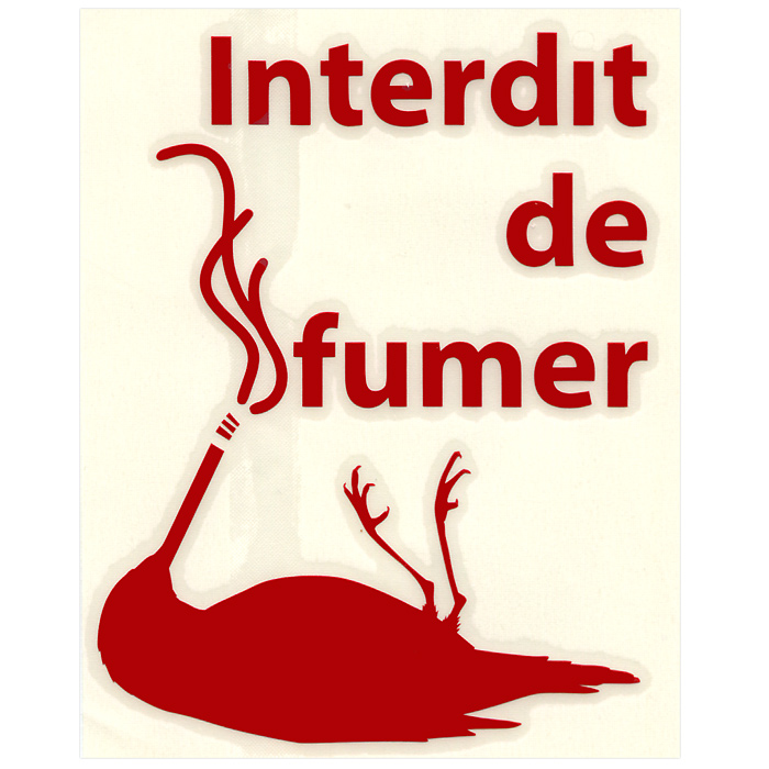 Стикер Paristic Interdit de fumer, цвет: красный, 11 х 14 см26631 Стикер Paristic Interdit de fumer, цвет: красный, 11 х 14 см26631Добавьте оригинальность вашему интерьеру с помощью необычного стикера Interdit de fumer. Изображение на стикере в виде мертвой птицы красного цвета и надпись на французском языке Interdit de fumer (не курить), основная тема представленной композиции - борьба с курением. Необыкновенный всплеск эмоций в дизайнерском решении создаст утонченную и изысканную атмосферу не только спальни, гостиной или детской комнаты, но и даже офиса. Стикер выполнен из матового винила - тонкого эластичного материала, который хорошо прилегает к любым гладким и чистым поверхностям, легко моется и держится до семи лет, не оставляя следов. Сегодня виниловые наклейки пользуются большой популярностью среди декораторов по всему миру, а на российском рынке товаров для декорирования интерьеров - являются новинкой.
